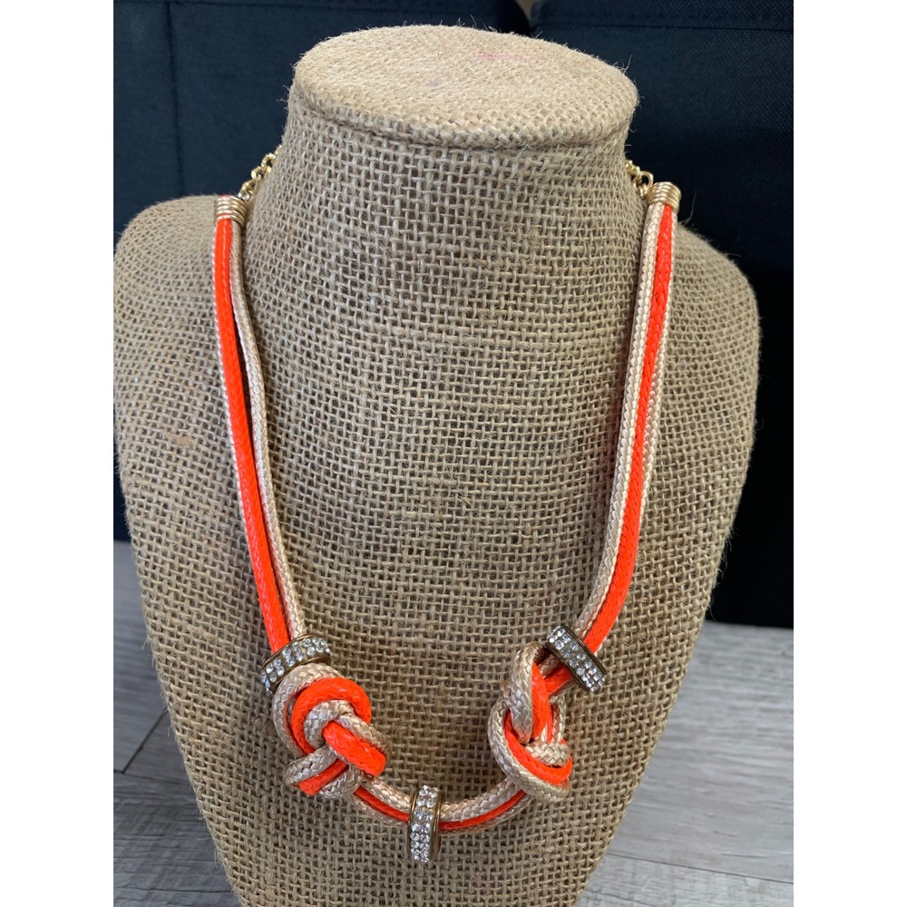 Neon Orange‎ Gold Braided Rope Knot Statement Necklace Rhinestone Accents 18 In